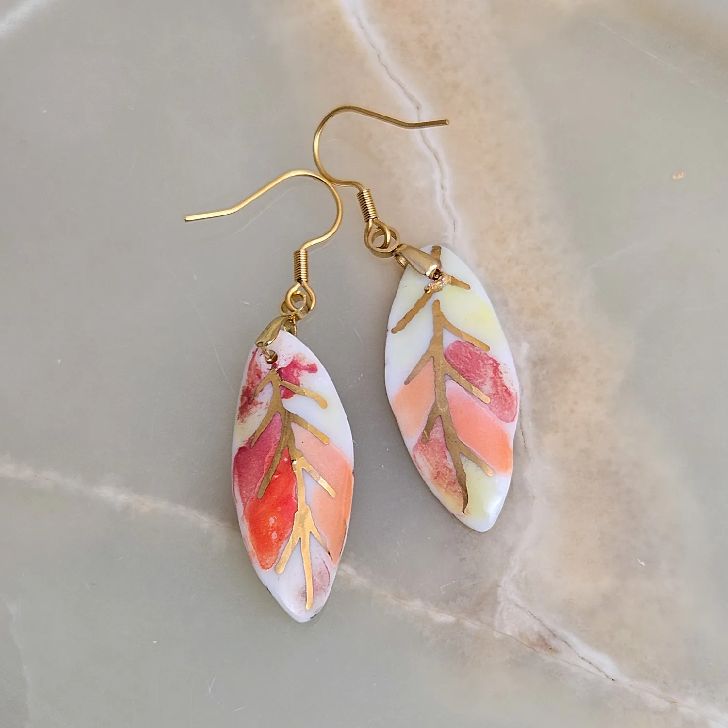 Hanging porcelain earrings - autumn leaf with gold - Image 3