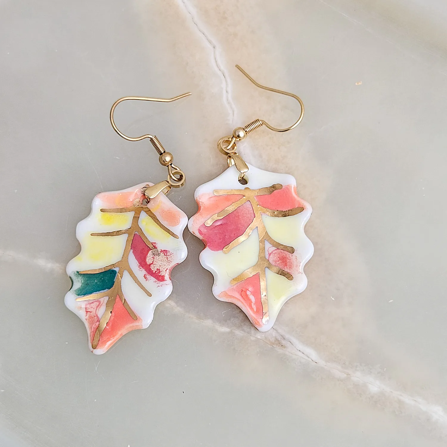 Hanging porcelain earrings - autumn leaf with gold