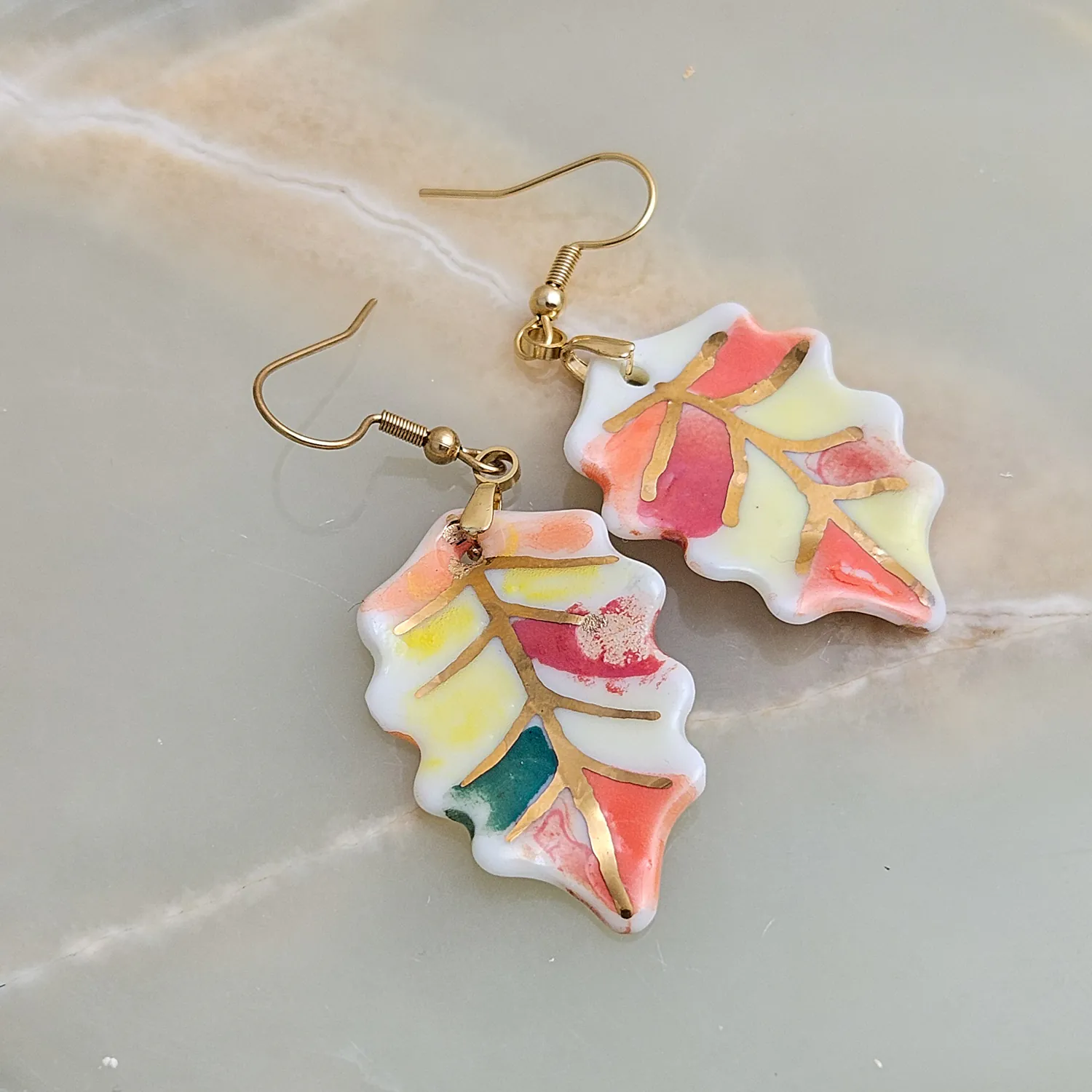 Hanging porcelain earrings - autumn leaf with gold - Image 2