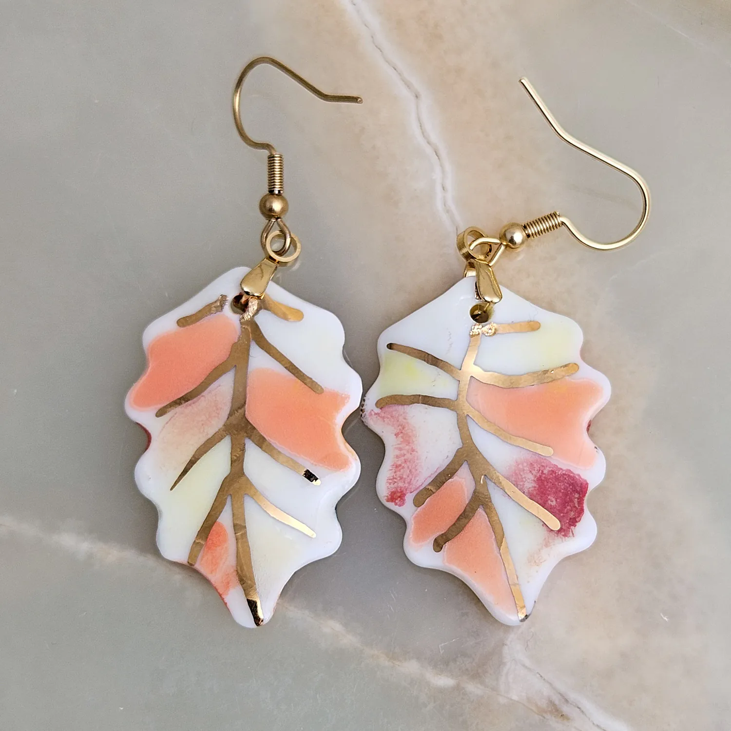 Hanging porcelain earrings - autumn leaf with gold - Image 3