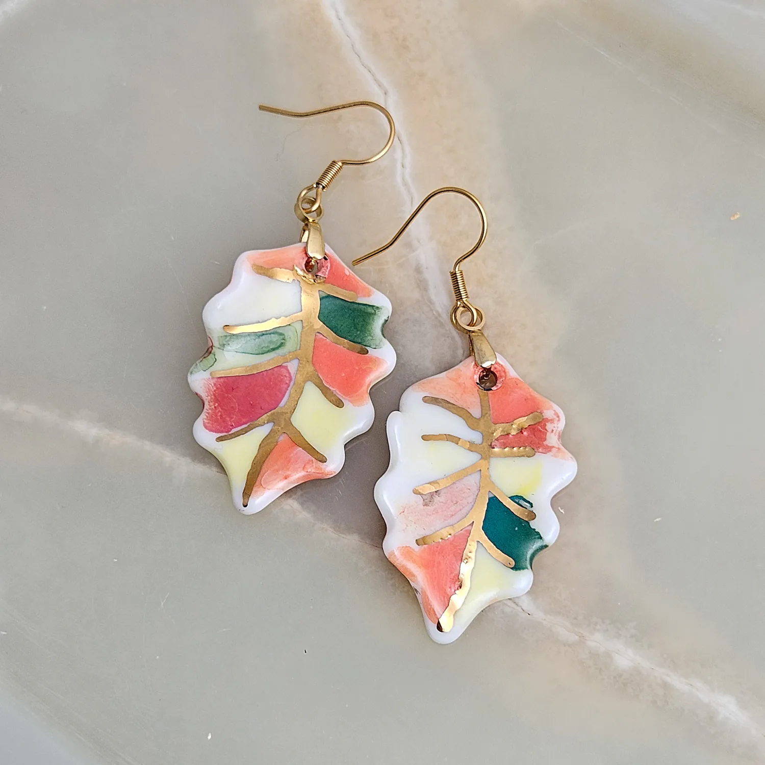 Hanging porcelain earrings - autumn leaf with gold