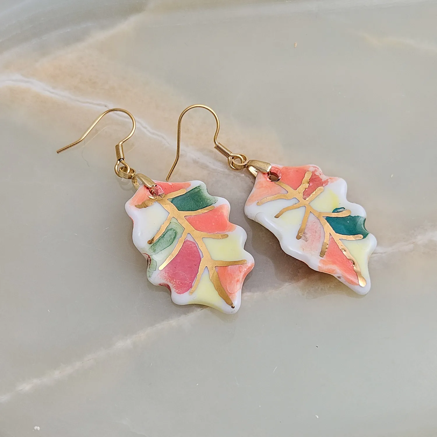 Hanging porcelain earrings - autumn leaf with gold - Image 2