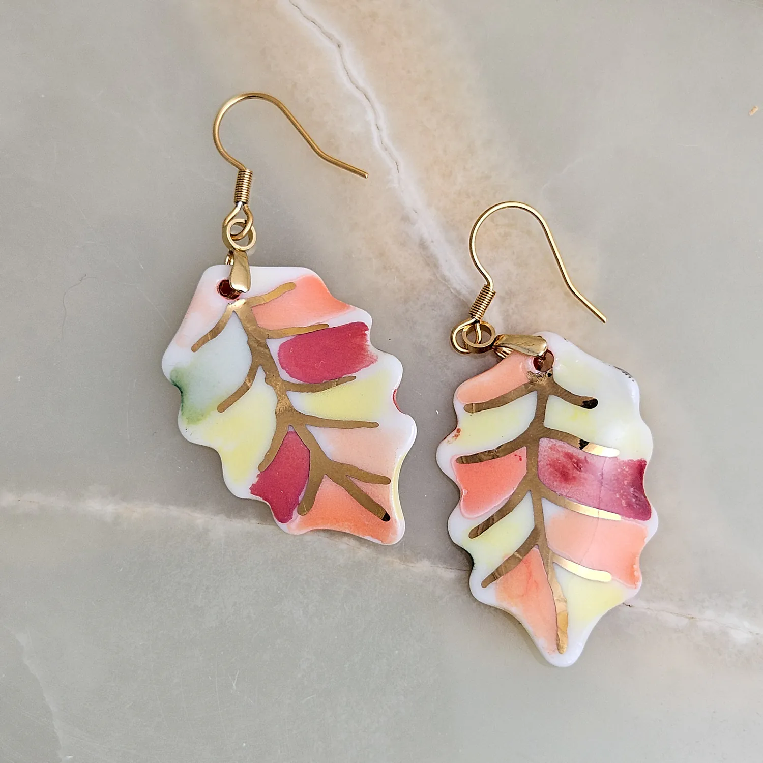 Hanging porcelain earrings - autumn leaf with gold - Image 3