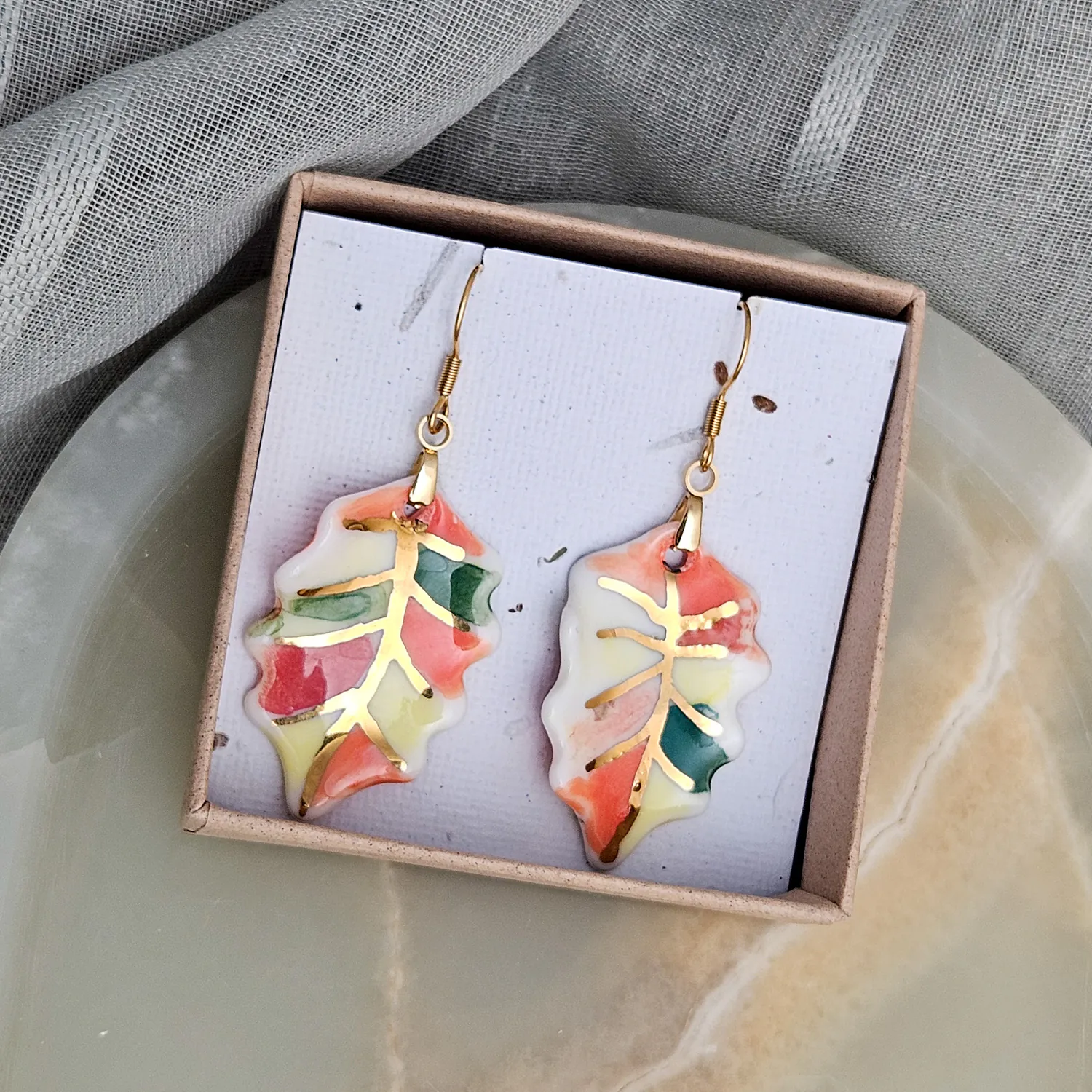 Hanging porcelain earrings - autumn leaf with gold - Image 5