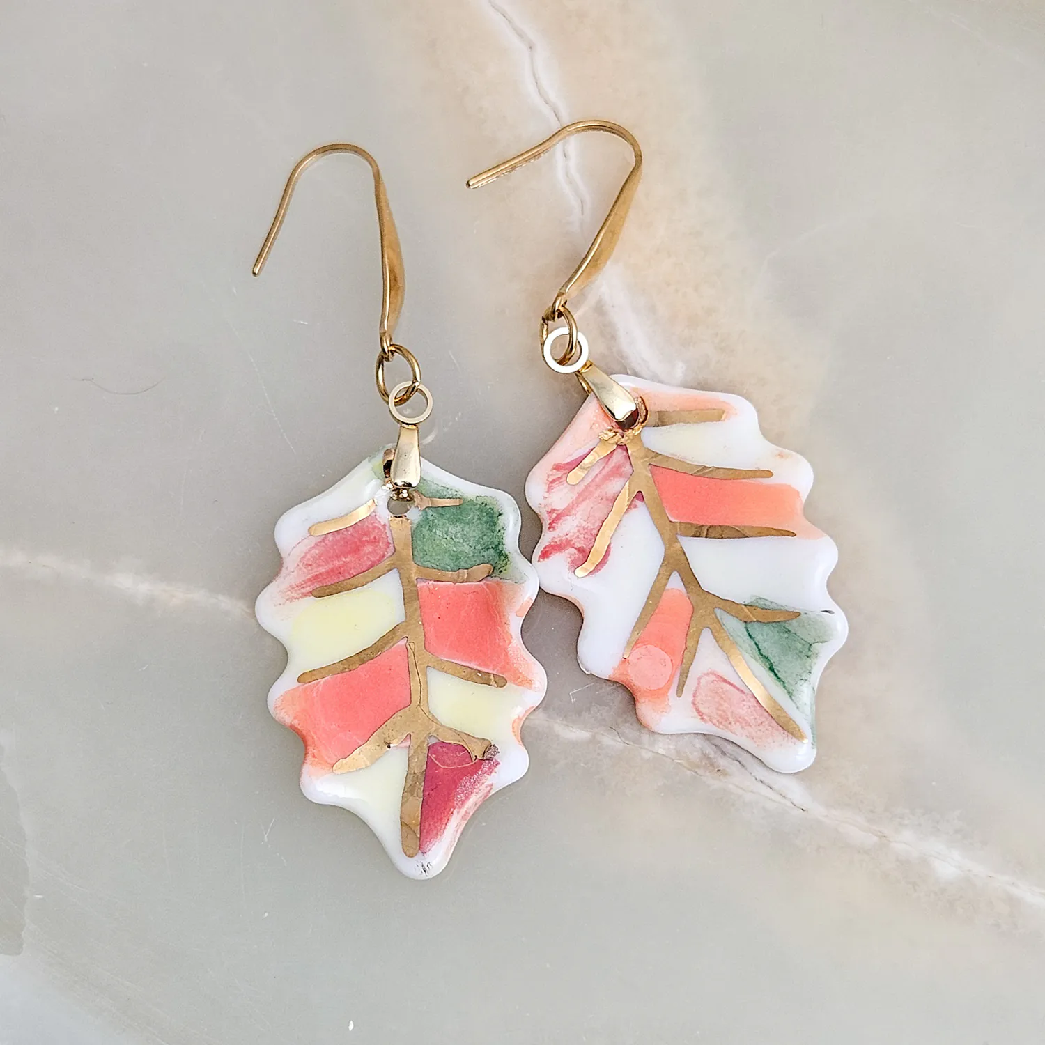 Hanging porcelain earrings - autumn leaf with gold