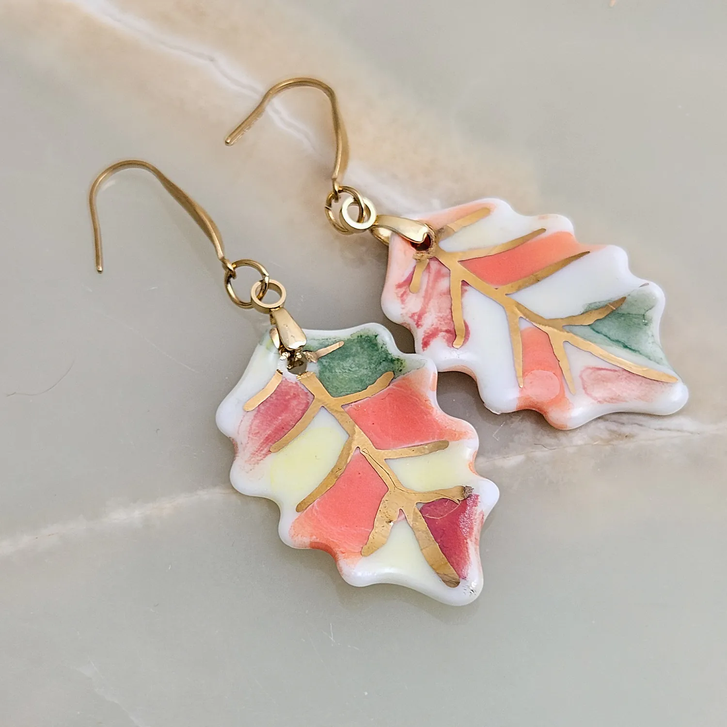 Hanging porcelain earrings - autumn leaf with gold - Image 2