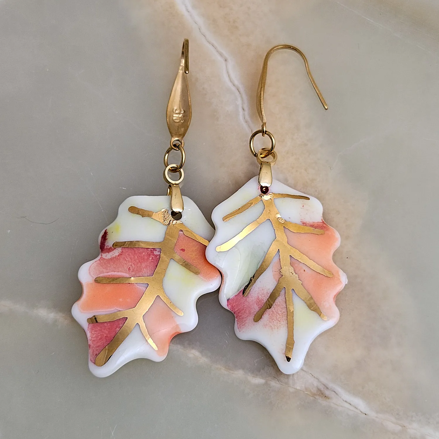 Hanging porcelain earrings - autumn leaf with gold - Image 3