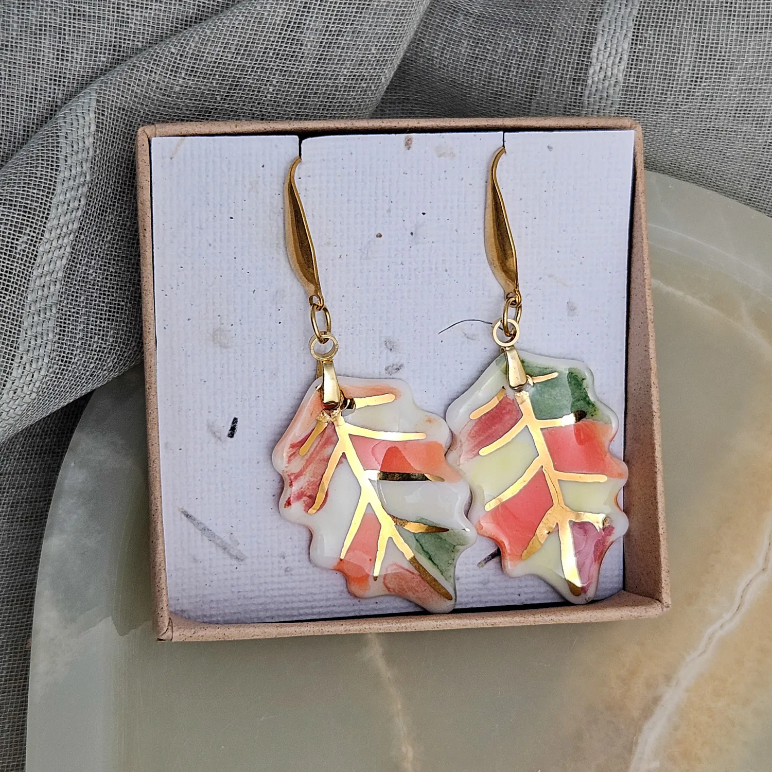 Hanging porcelain earrings - autumn leaf with gold - Image 5