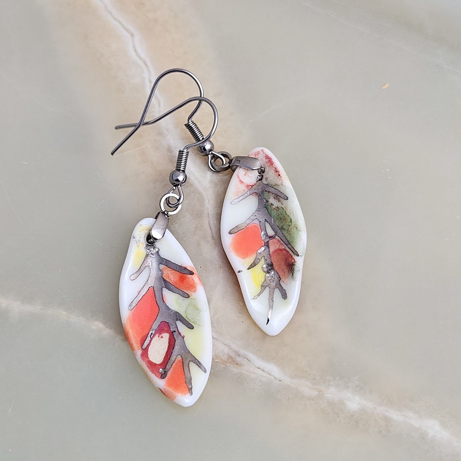 Dangle fine ceramic porcelain designer earrings - autumn leaf with silver accents (white gold)