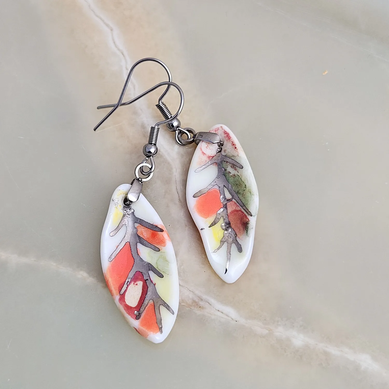 Dangle fine ceramic porcelain designer earrings - autumn leaf with silver accents (white gold)
