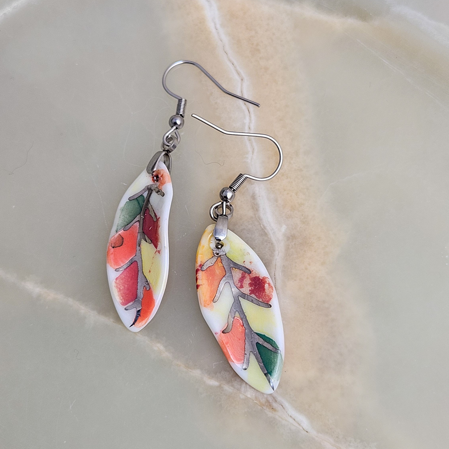 Dangle fine ceramic porcelain designer earrings - autumn leaf with silver accents (white gold)