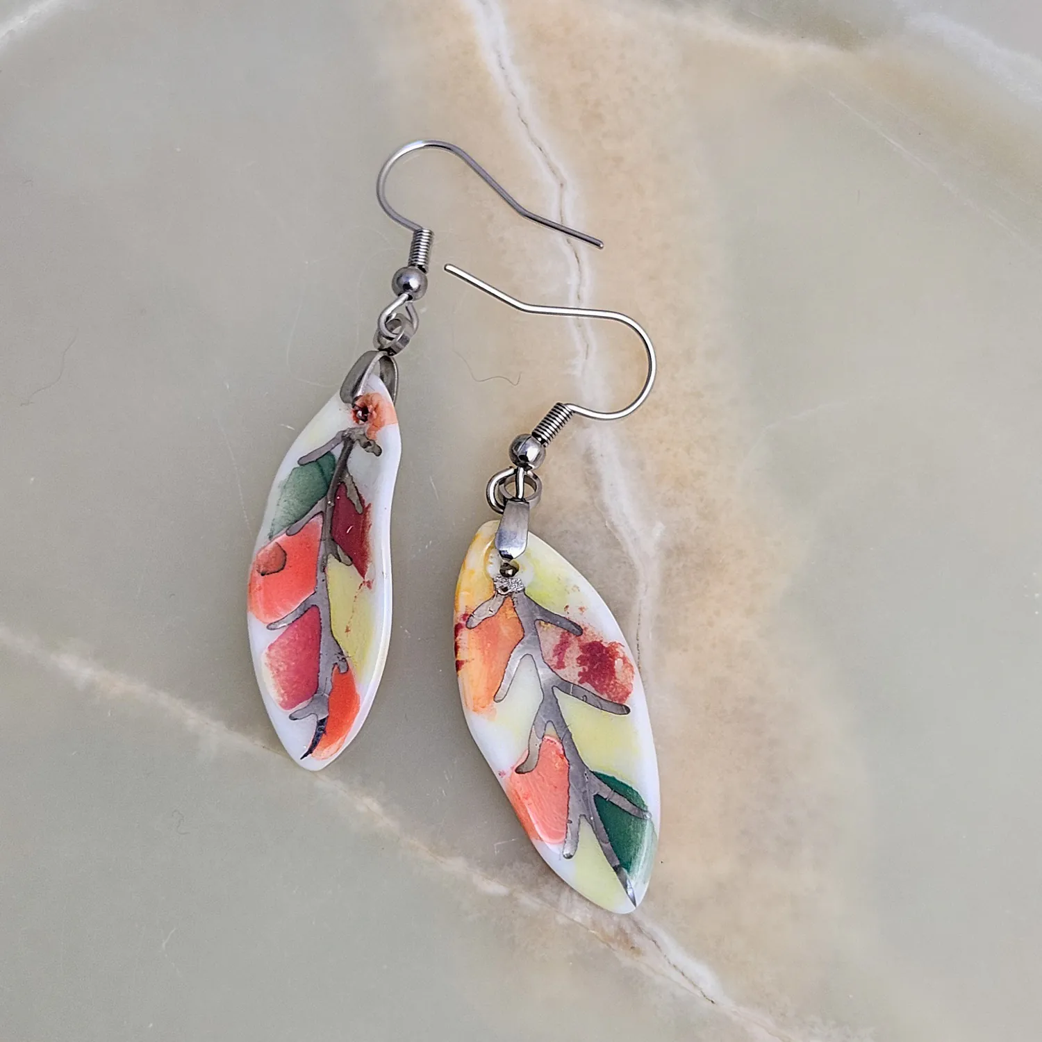Dangle fine ceramic porcelain designer earrings - autumn leaf with silver accents (white gold)