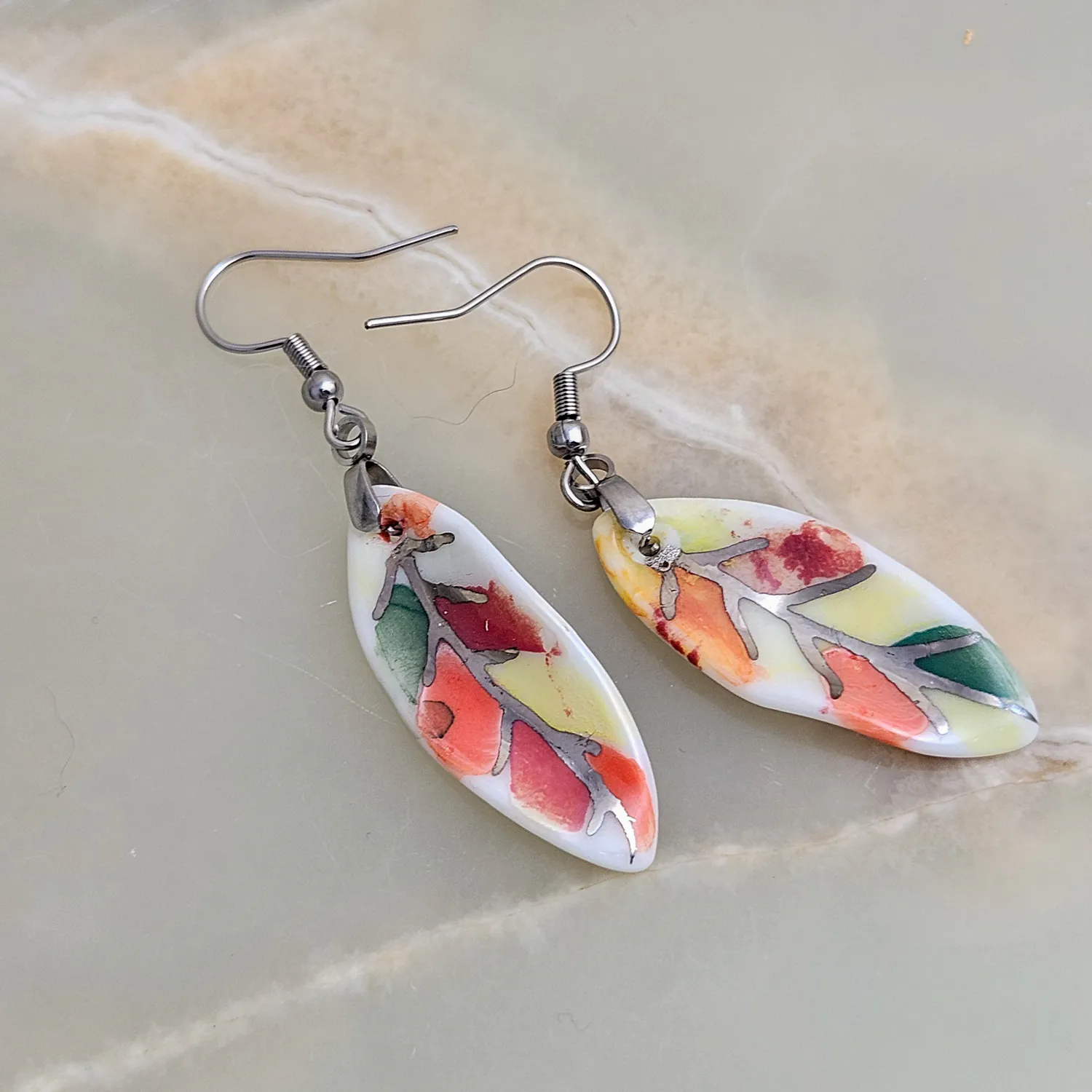 Dangle fine ceramic porcelain designer earrings - autumn leaf with silver accents (white gold) - Image 2