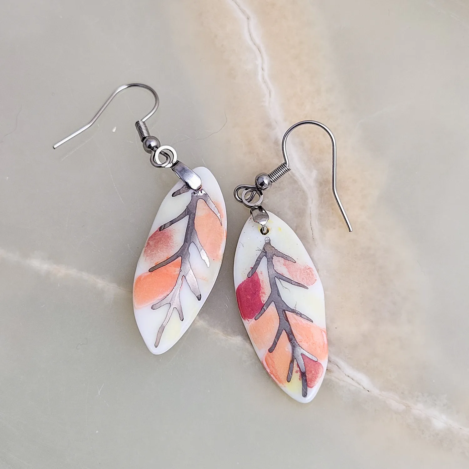 Dangle fine ceramic porcelain designer earrings - autumn leaf with silver accents (white gold) - Image 3
