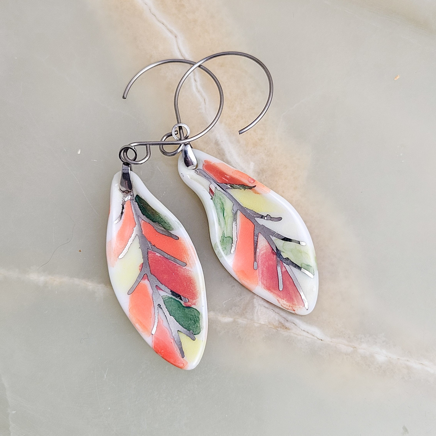 Dangle fine ceramic porcelain designer earrings - autumn leaf with silver accents (white gold)