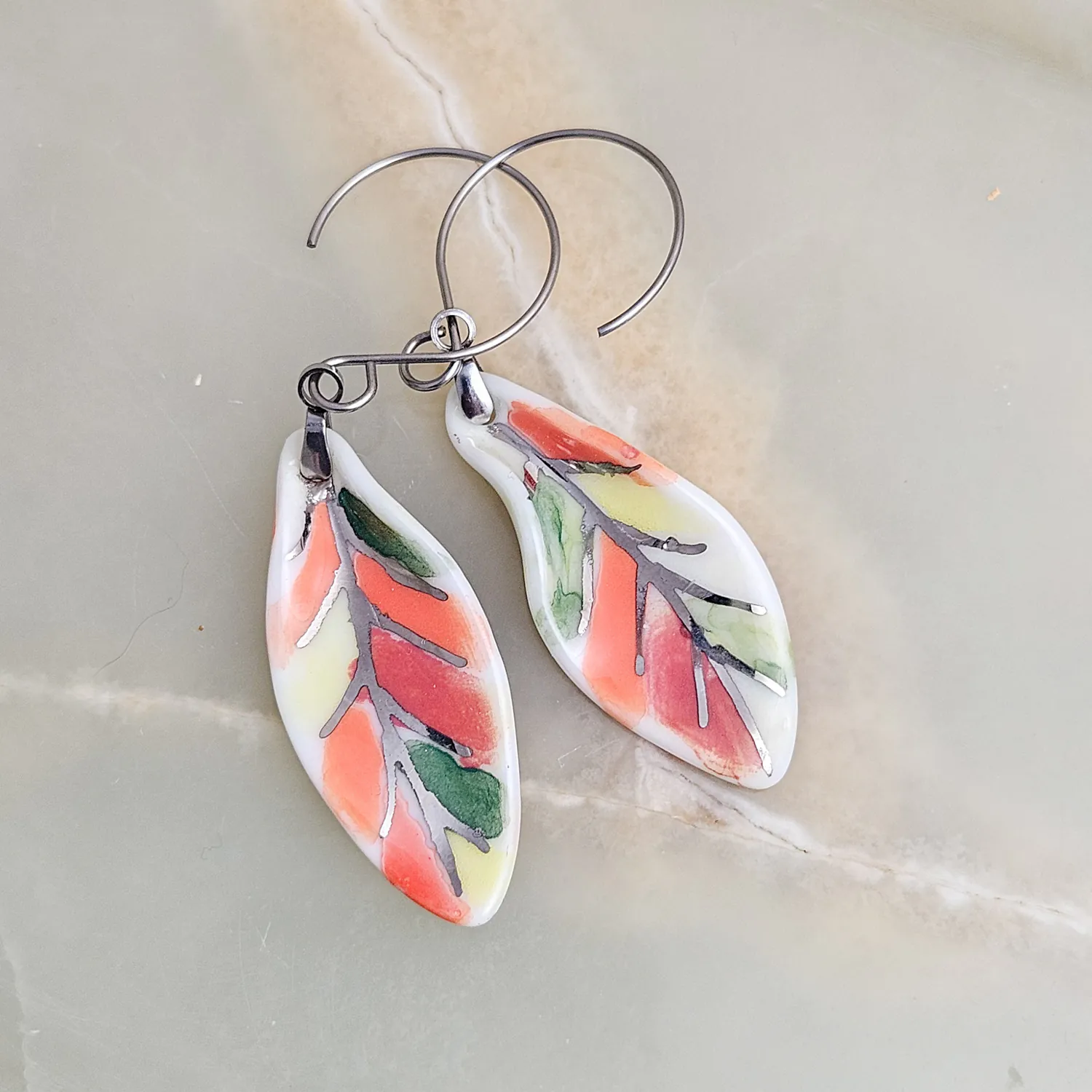 Dangle fine ceramic porcelain designer earrings - autumn leaf with silver accents (white gold)