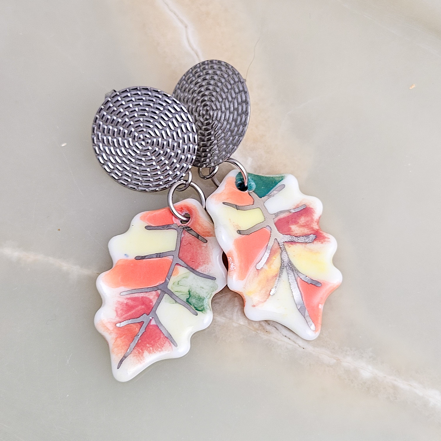 Dangle fine ceramic porcelain designer earrings - autumn leaf with silver accents (white gold)
