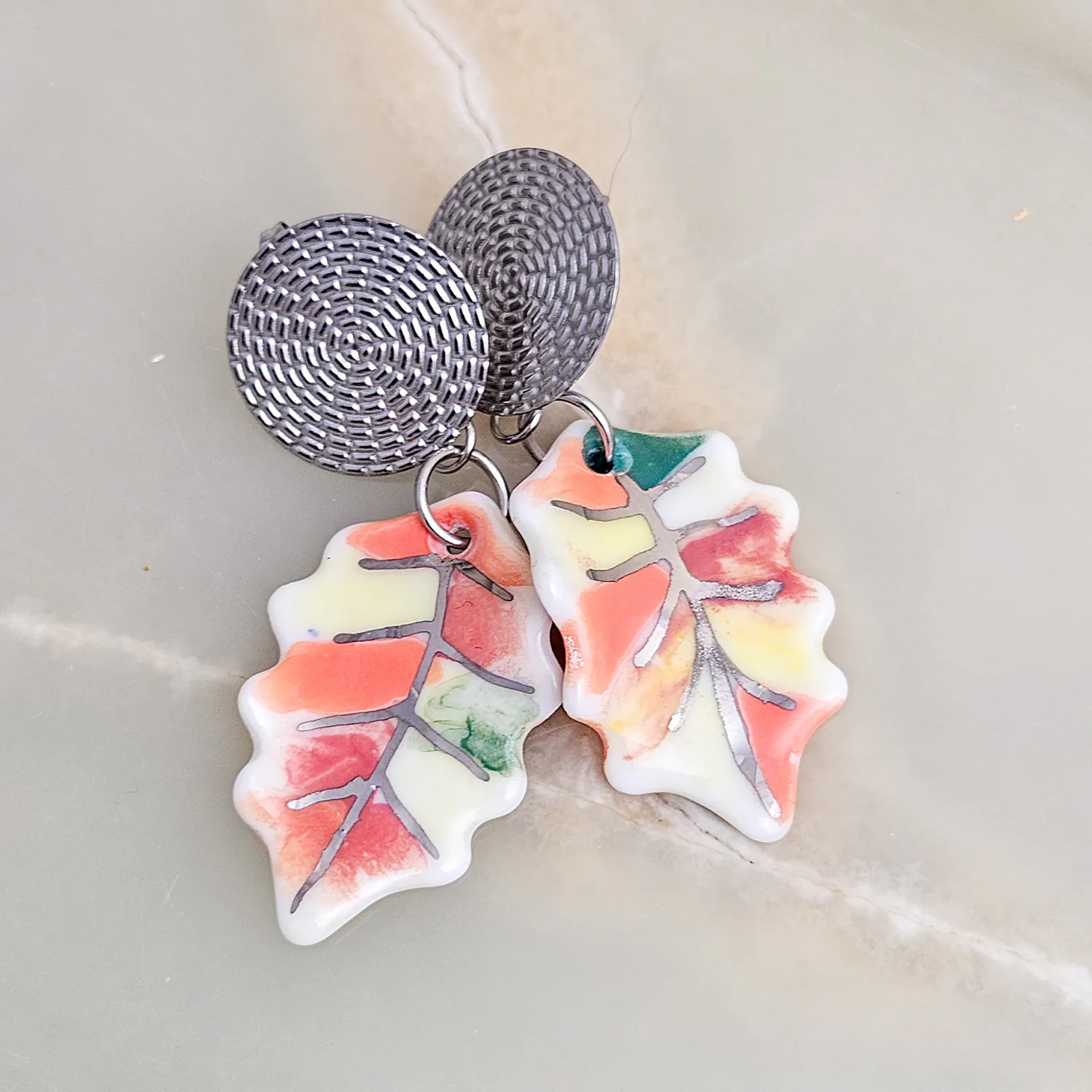 Dangle fine ceramic porcelain designer earrings - autumn leaf with silver accents (white gold)