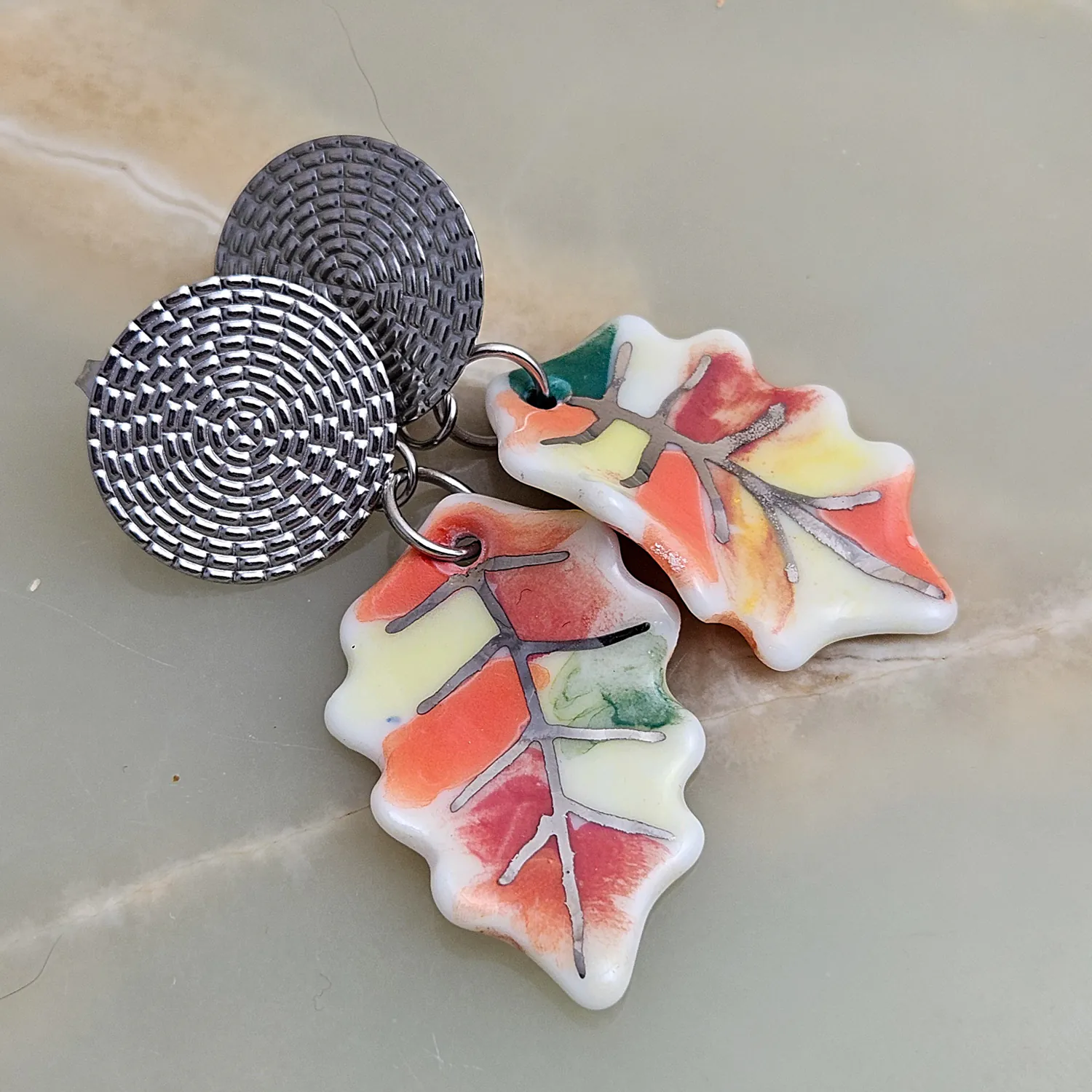 Dangle fine ceramic porcelain designer earrings - autumn leaf with silver accents (white gold) - Image 2