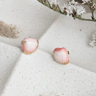 Rose pink fine ceramic porcelain hypoallergenic stud designer earrings for sensitive ears - authentic Mediterranean shell imprints with 22k gold plating