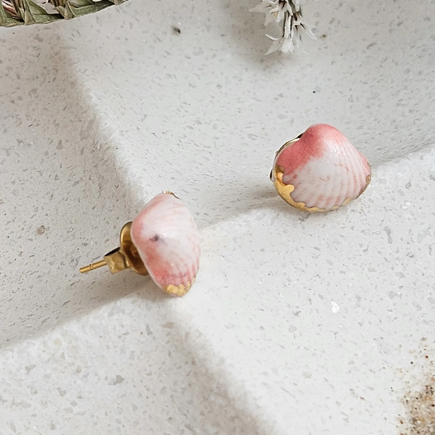 Rose pink fine ceramic porcelain hypoallergenic stud designer earrings for sensitive ears - authentic Mediterranean shell imprints with 22k gold plating - Image 2