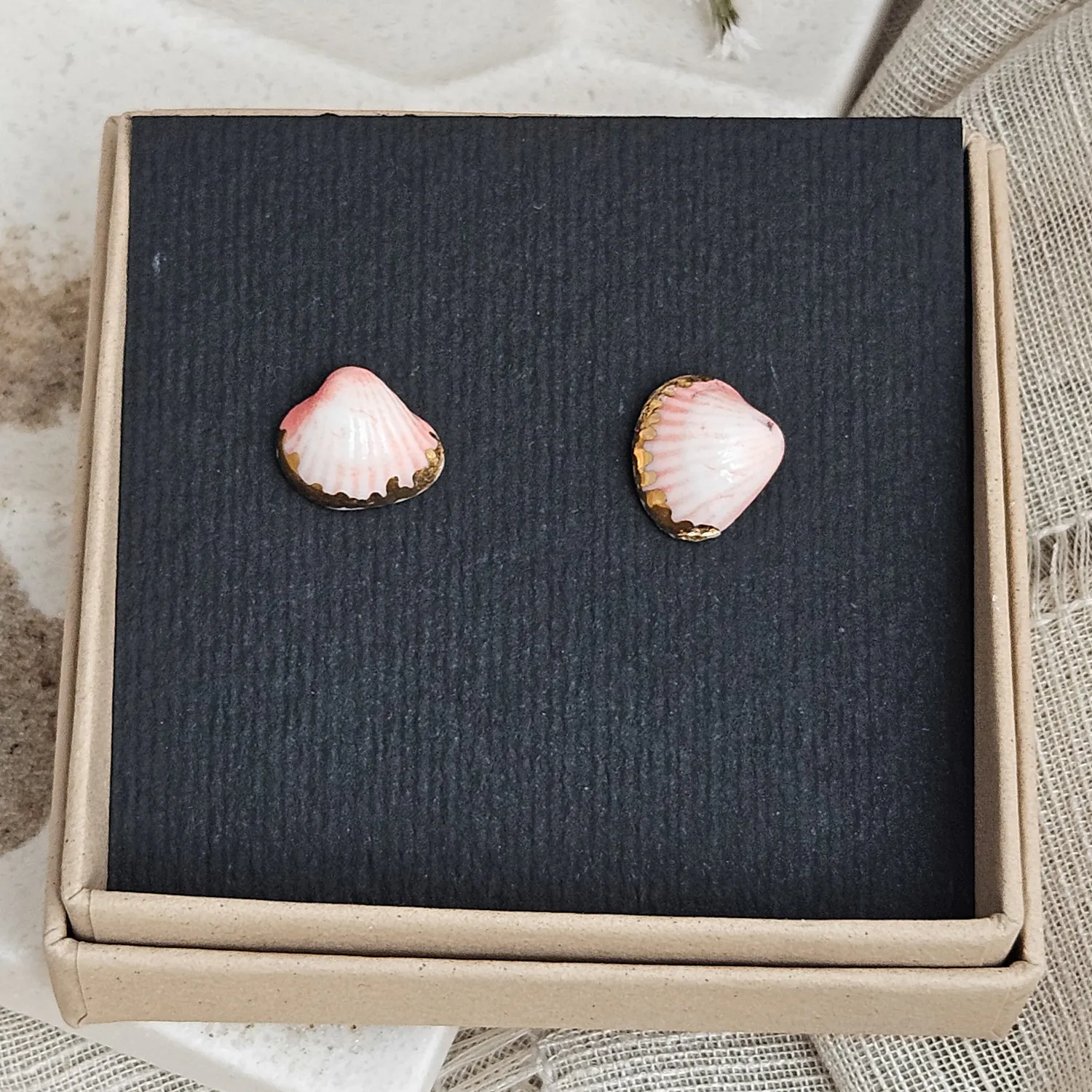 Rose pink fine ceramic porcelain hypoallergenic stud designer earrings for sensitive ears - authentic Mediterranean shell imprints with 22k gold plating - Image 4