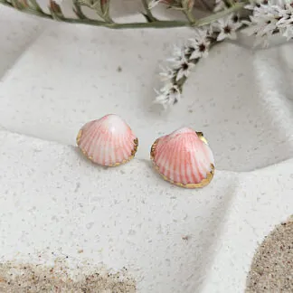Rose pink fine ceramic porcelain hypoallergenic stud designer earrings for sensitive ears - authentic Mediterranean shell imprints with 22k gold plating