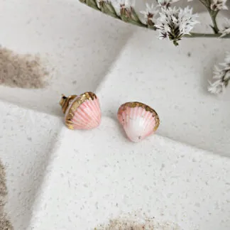 Rose pink fine ceramic porcelain hypoallergenic stud designer earrings for sensitive ears - authentic Mediterranean shell imprints with 22k gold plating