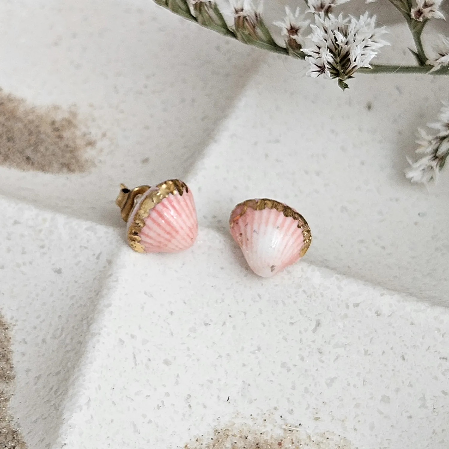 Rose pink fine ceramic porcelain hypoallergenic stud designer earrings for sensitive ears - authentic Mediterranean shell imprints with 22k gold plating