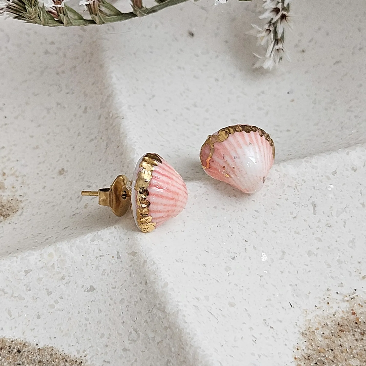 Rose pink fine ceramic porcelain hypoallergenic stud designer earrings for sensitive ears - authentic Mediterranean shell imprints with 22k gold plating - Image 2