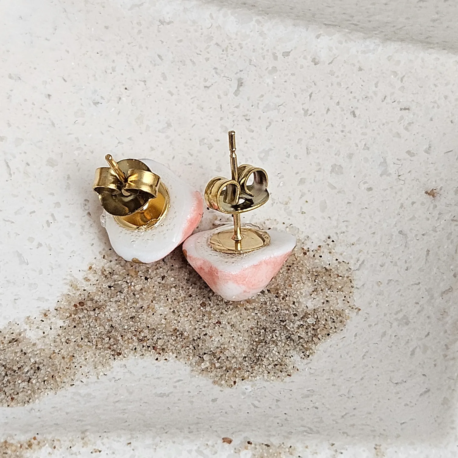 Rose pink fine ceramic porcelain hypoallergenic stud designer earrings for sensitive ears - authentic Mediterranean shell imprints with 22k gold plating - Image 3