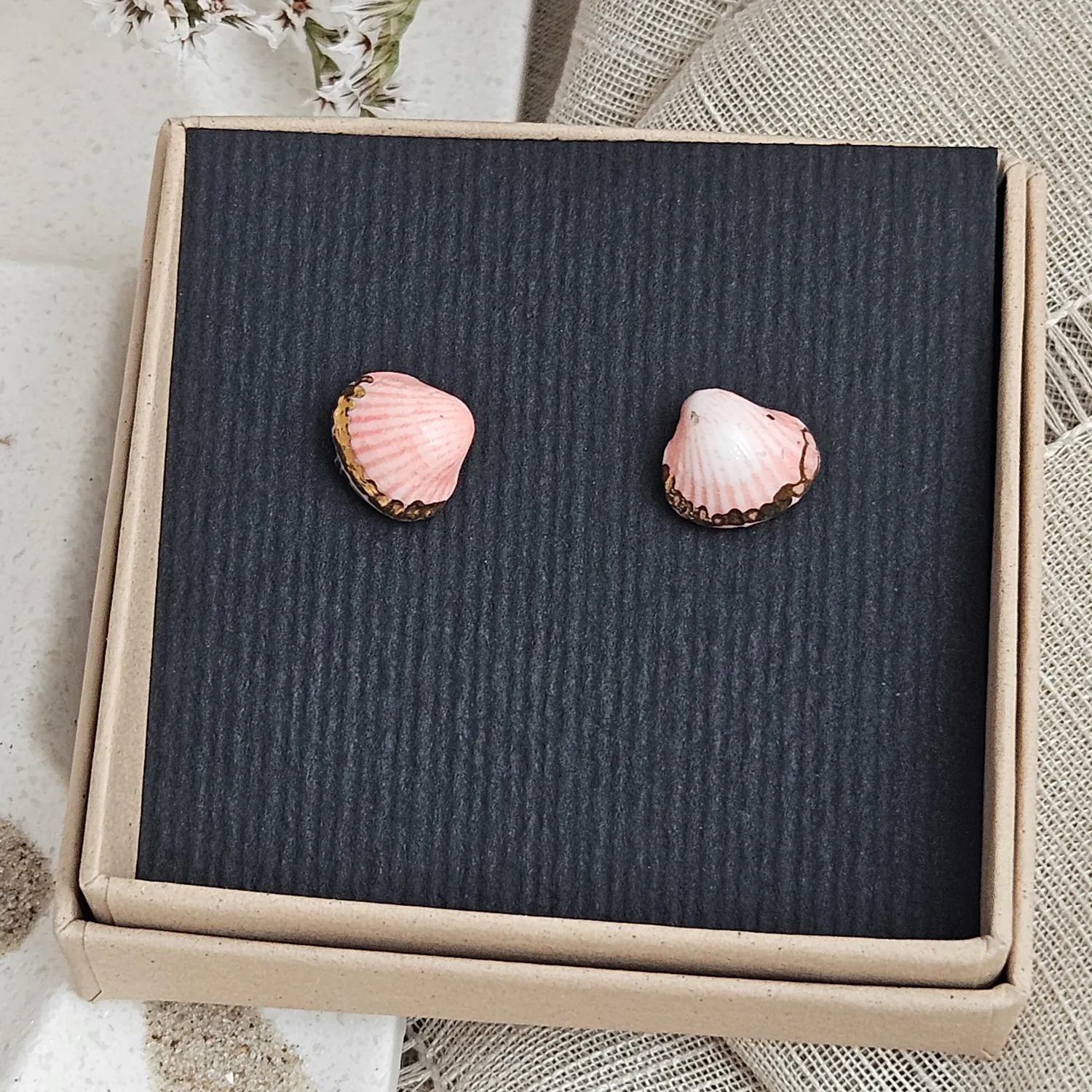 Rose pink fine ceramic porcelain hypoallergenic stud designer earrings for sensitive ears - authentic Mediterranean shell imprints with 22k gold plating - Image 4