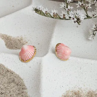 Rose pink fine ceramic porcelain hypoallergenic stud designer earrings for sensitive ears - authentic Mediterranean shell imprints with 22k gold plating
