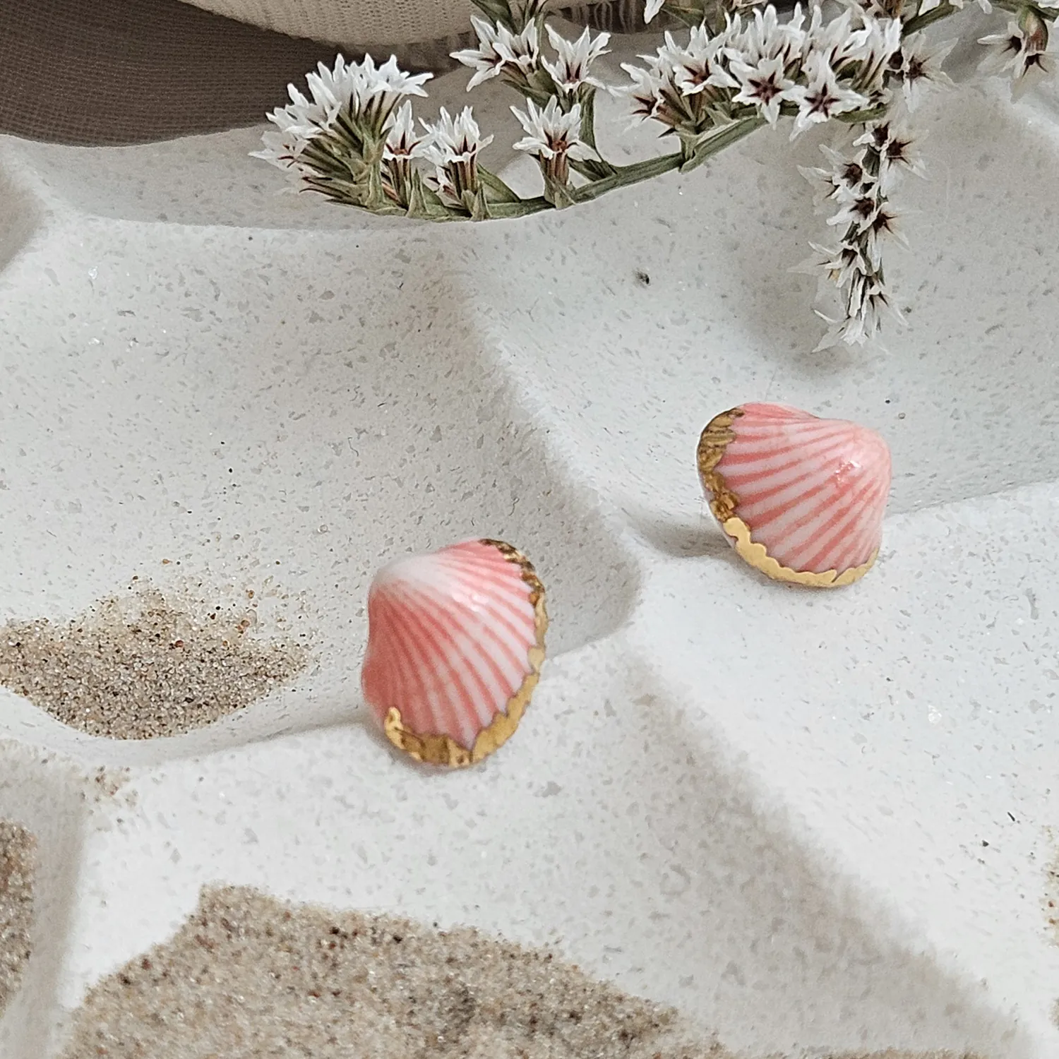 Rose pink fine ceramic porcelain hypoallergenic stud designer earrings for sensitive ears - authentic Mediterranean shell imprints with 22k gold plating - Image 2