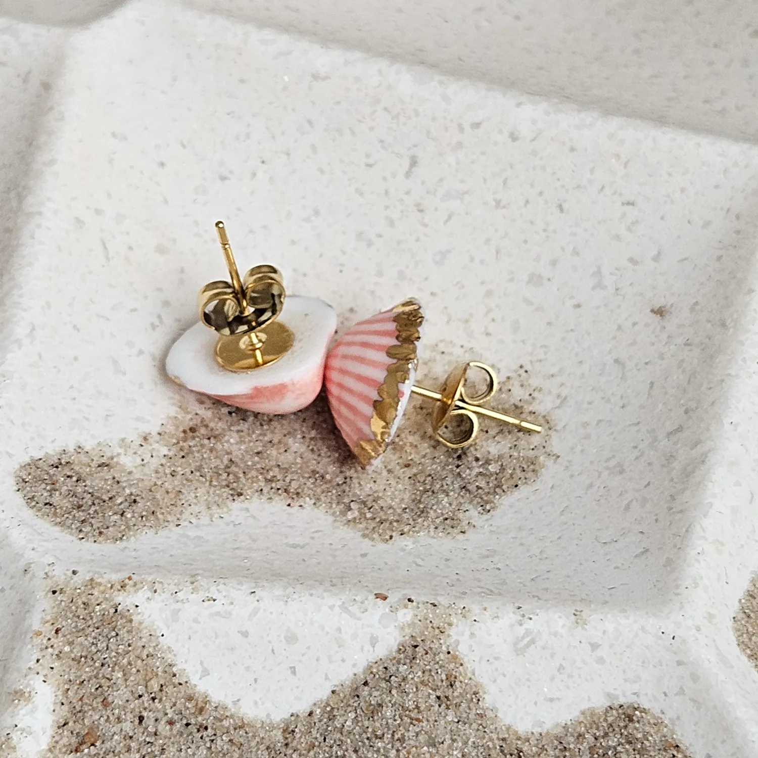 Rose pink fine ceramic porcelain hypoallergenic stud designer earrings for sensitive ears - authentic Mediterranean shell imprints with 22k gold plating - Image 3