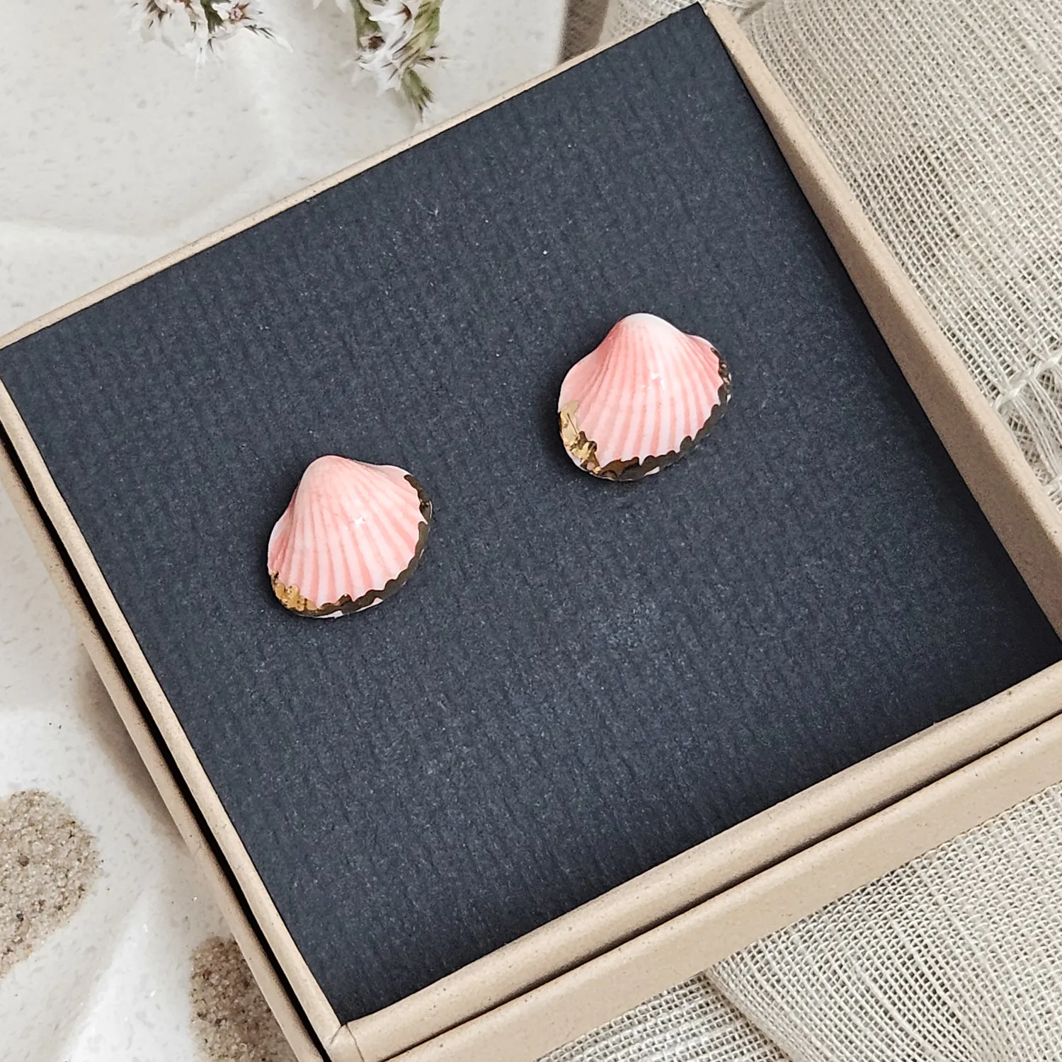 Rose pink fine ceramic porcelain hypoallergenic stud designer earrings for sensitive ears - authentic Mediterranean shell imprints with 22k gold plating - Image 4