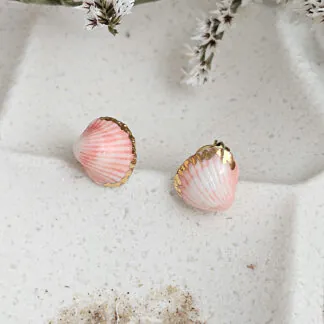Rose pink fine ceramic porcelain hypoallergenic stud designer earrings for sensitive ears - authentic Mediterranean shell imprints with 22k gold plating