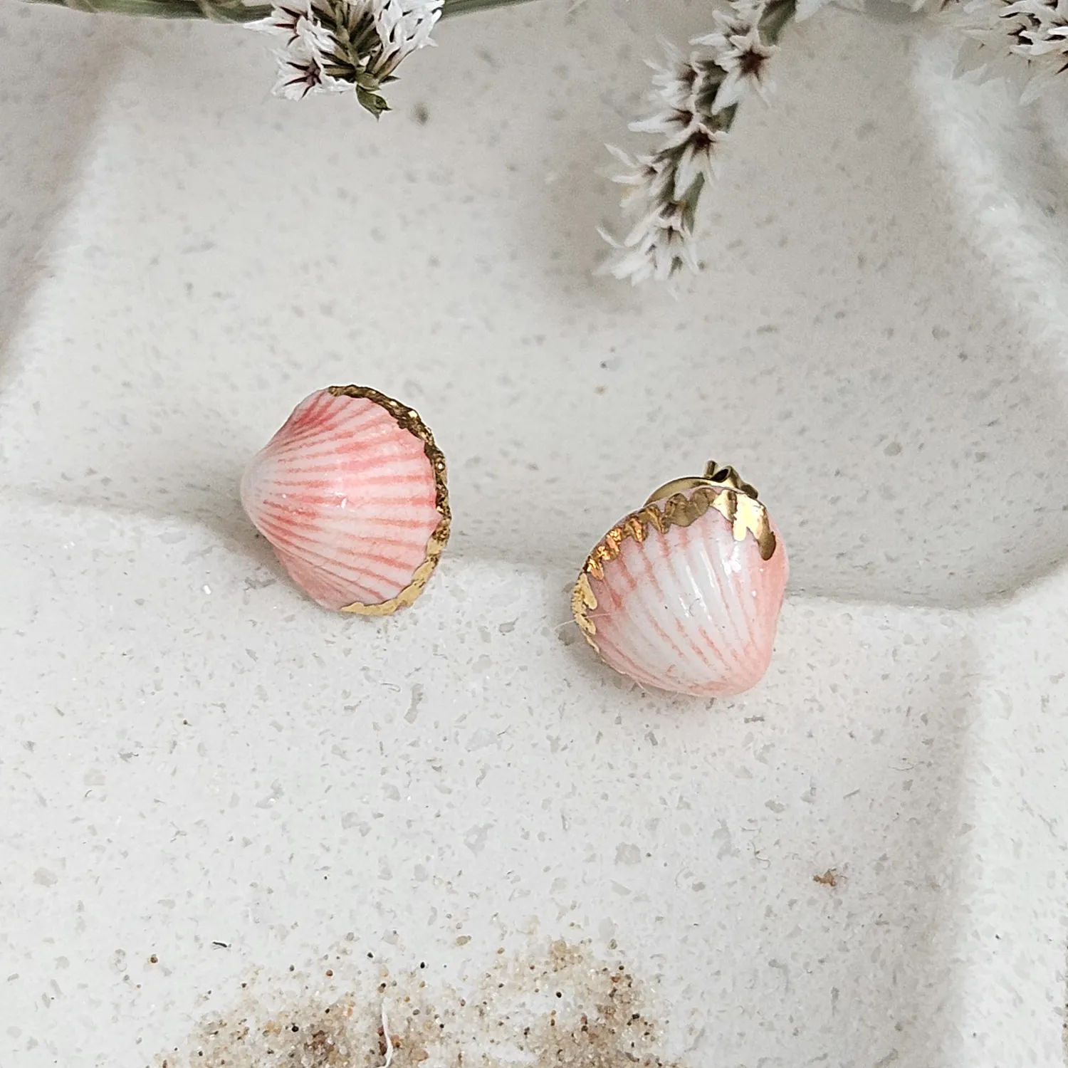 Rose pink fine ceramic porcelain hypoallergenic stud designer earrings for sensitive ears - authentic Mediterranean shell imprints with 22k gold plating
