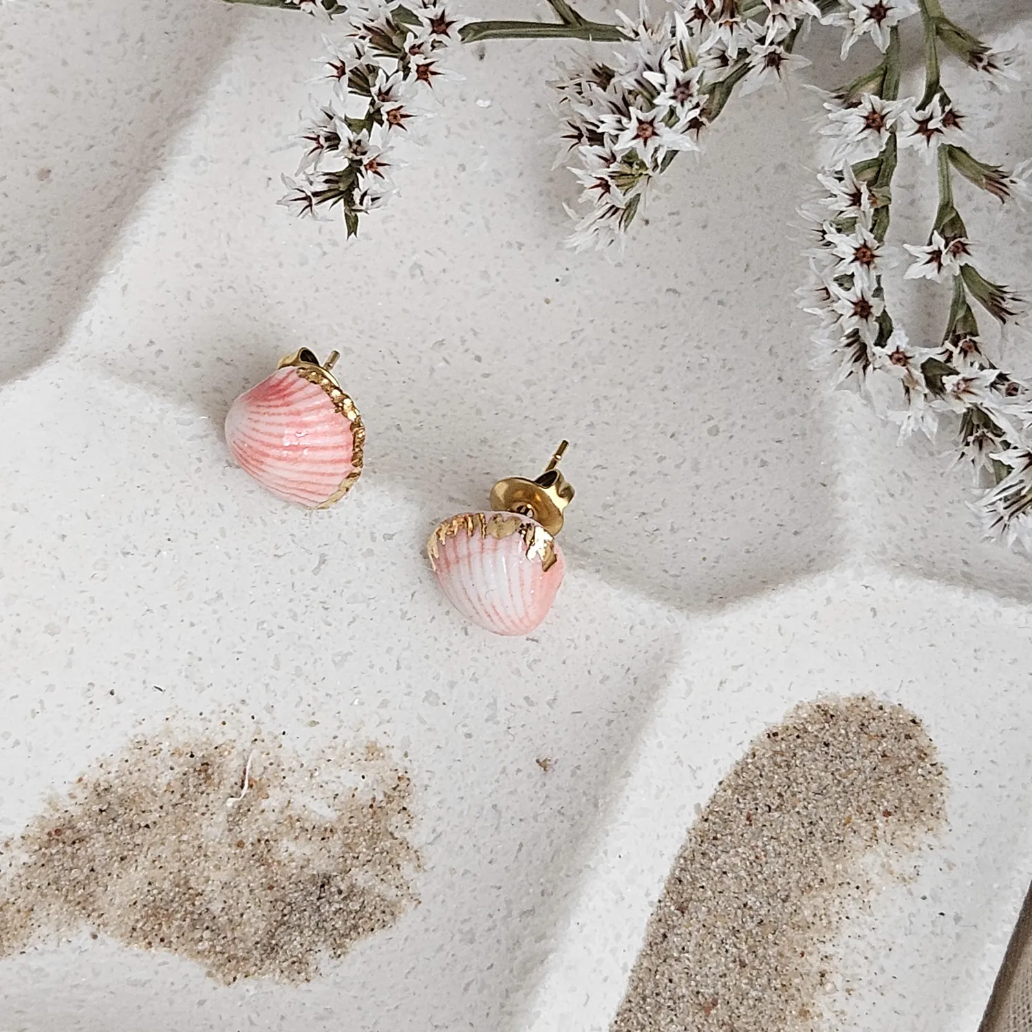 Rose pink fine ceramic porcelain hypoallergenic stud designer earrings for sensitive ears - authentic Mediterranean shell imprints with 22k gold plating - Image 2
