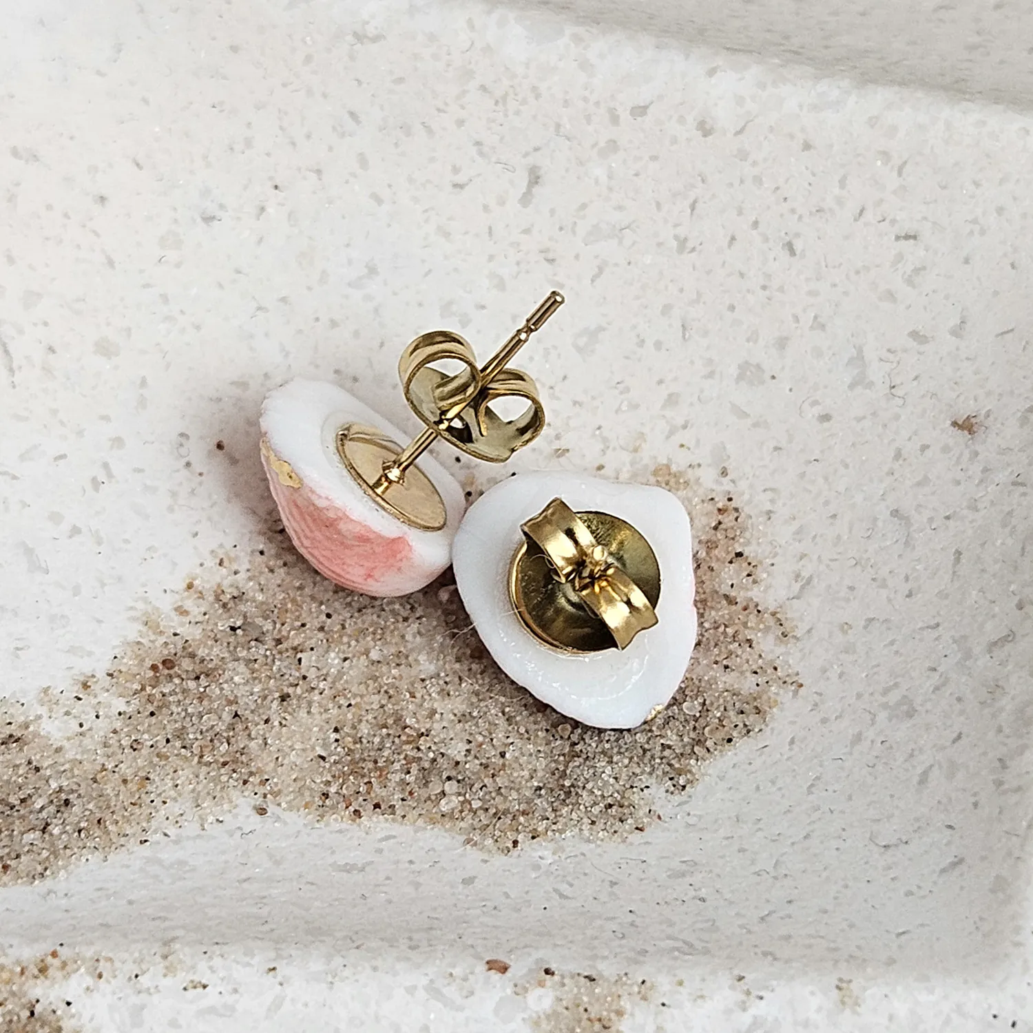 Rose pink fine ceramic porcelain hypoallergenic stud designer earrings for sensitive ears - authentic Mediterranean shell imprints with 22k gold plating - Image 3