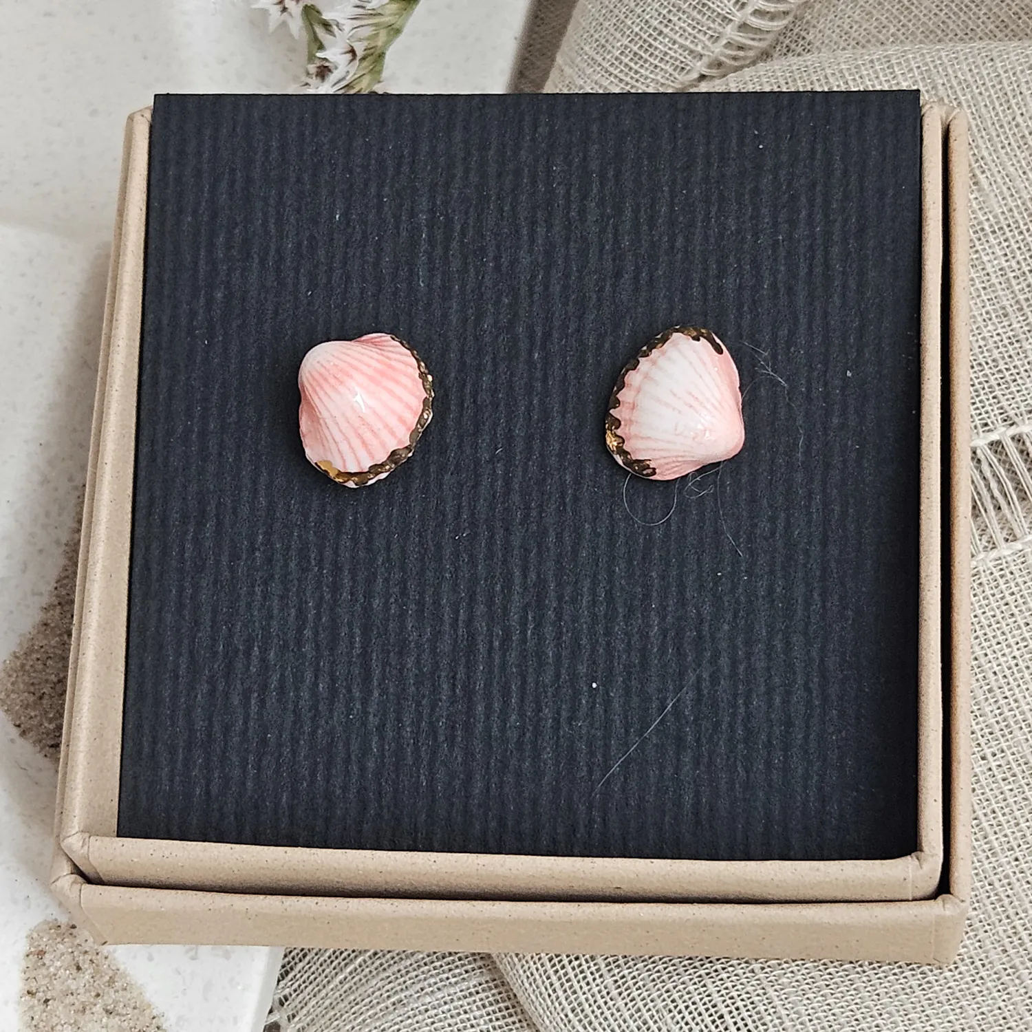 Rose pink fine ceramic porcelain hypoallergenic stud designer earrings for sensitive ears - authentic Mediterranean shell imprints with 22k gold plating - Image 4