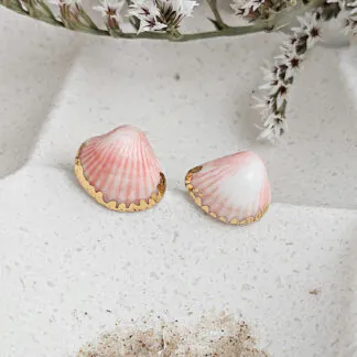 Rose pink fine ceramic porcelain hypoallergenic stud designer earrings for sensitive ears - authentic Mediterranean shell imprints with 22k gold plating