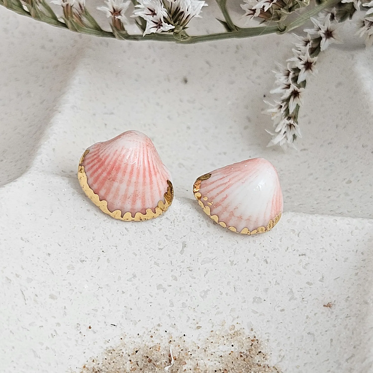 Rose pink fine ceramic porcelain hypoallergenic stud designer earrings for sensitive ears - authentic Mediterranean shell imprints with 22k gold plating