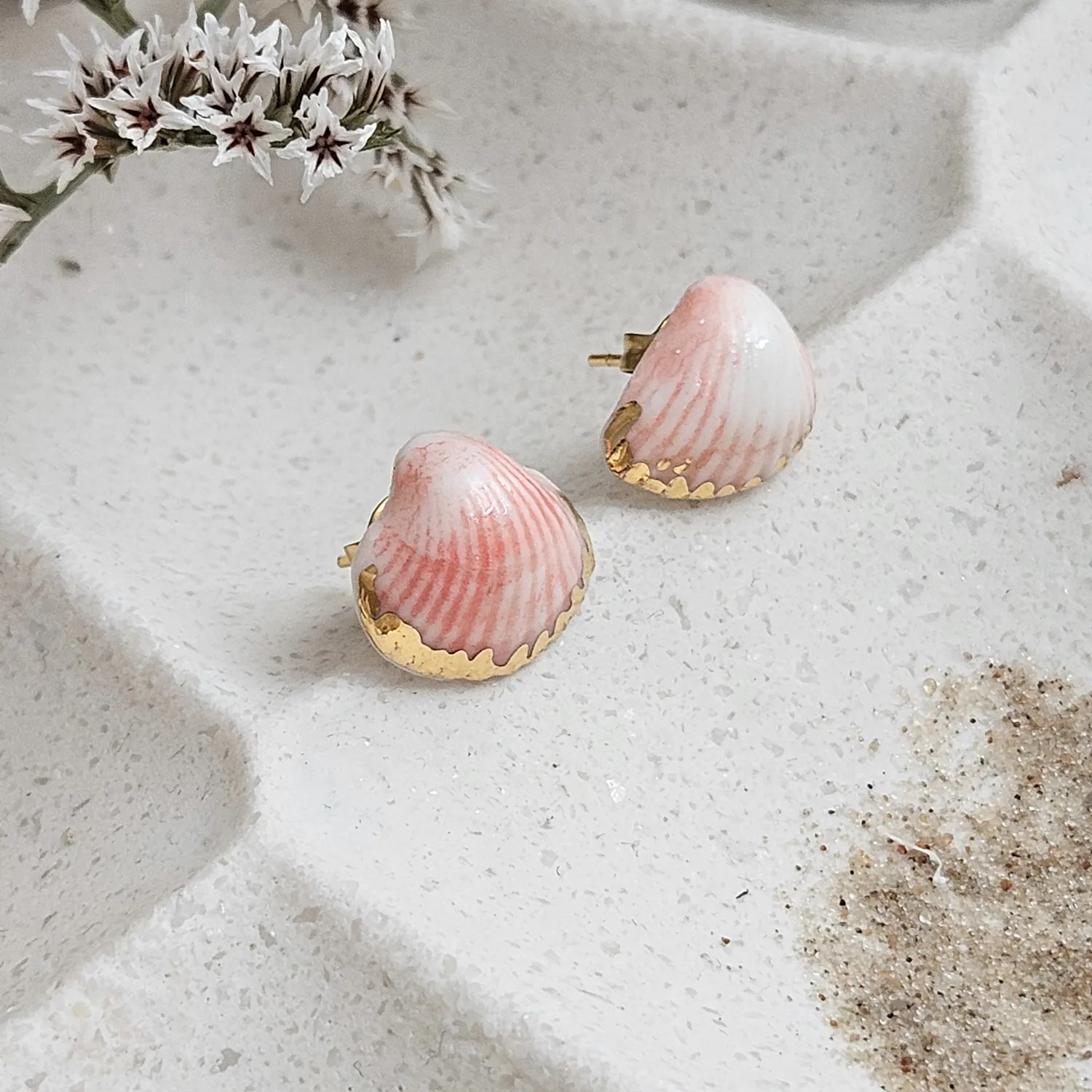Rose pink fine ceramic porcelain hypoallergenic stud designer earrings for sensitive ears - authentic Mediterranean shell imprints with 22k gold plating - Image 2