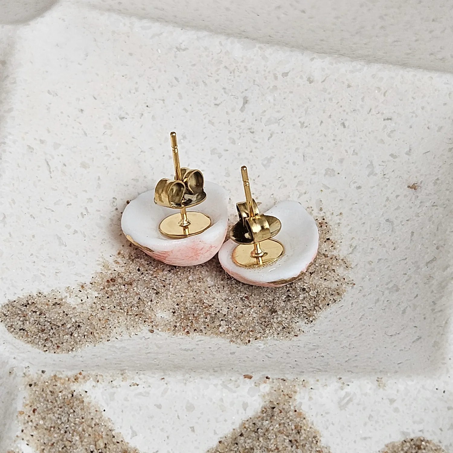 Rose pink fine ceramic porcelain hypoallergenic stud designer earrings for sensitive ears - authentic Mediterranean shell imprints with 22k gold plating - Image 3