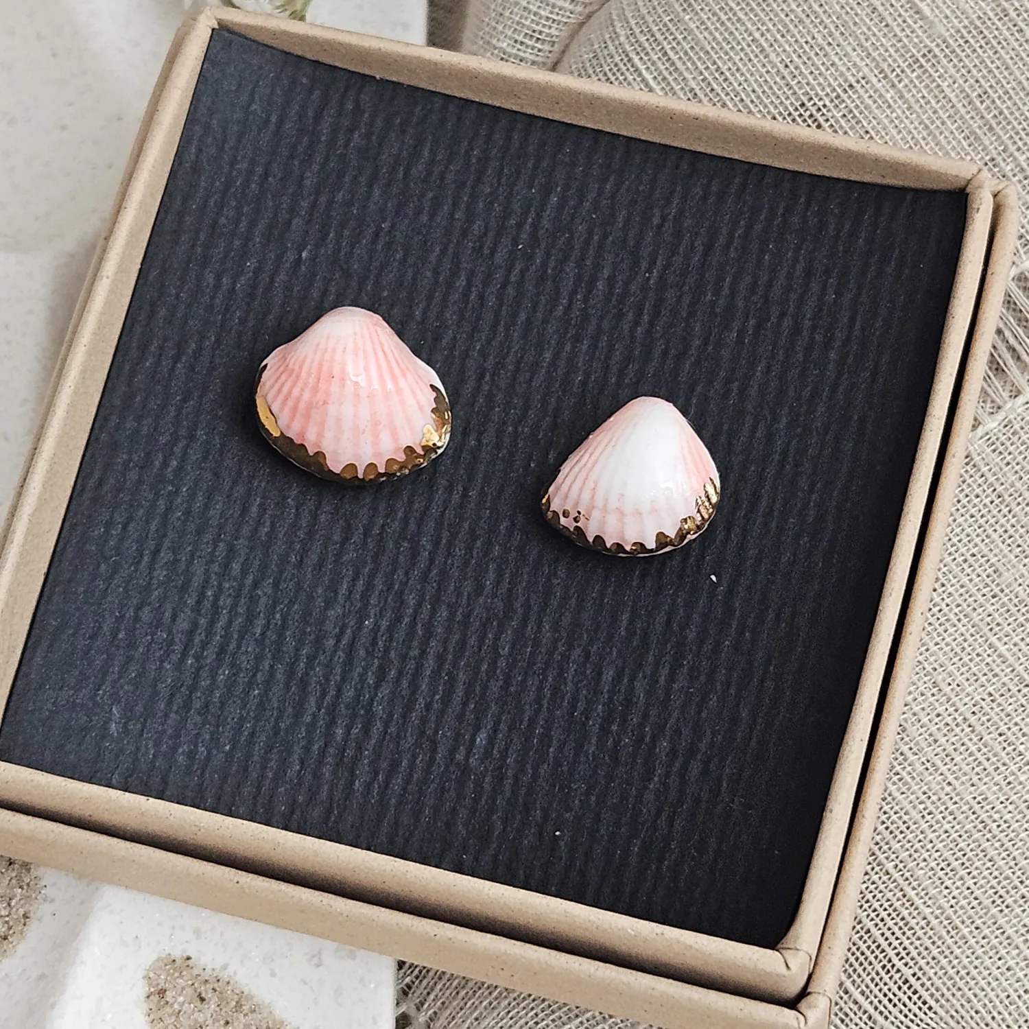 Rose pink fine ceramic porcelain hypoallergenic stud designer earrings for sensitive ears - authentic Mediterranean shell imprints with 22k gold plating - Image 4