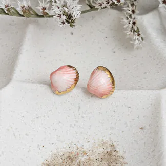 Rose pink fine ceramic porcelain hypoallergenic stud designer earrings for sensitive ears - authentic Mediterranean shell imprints with 22k gold plating