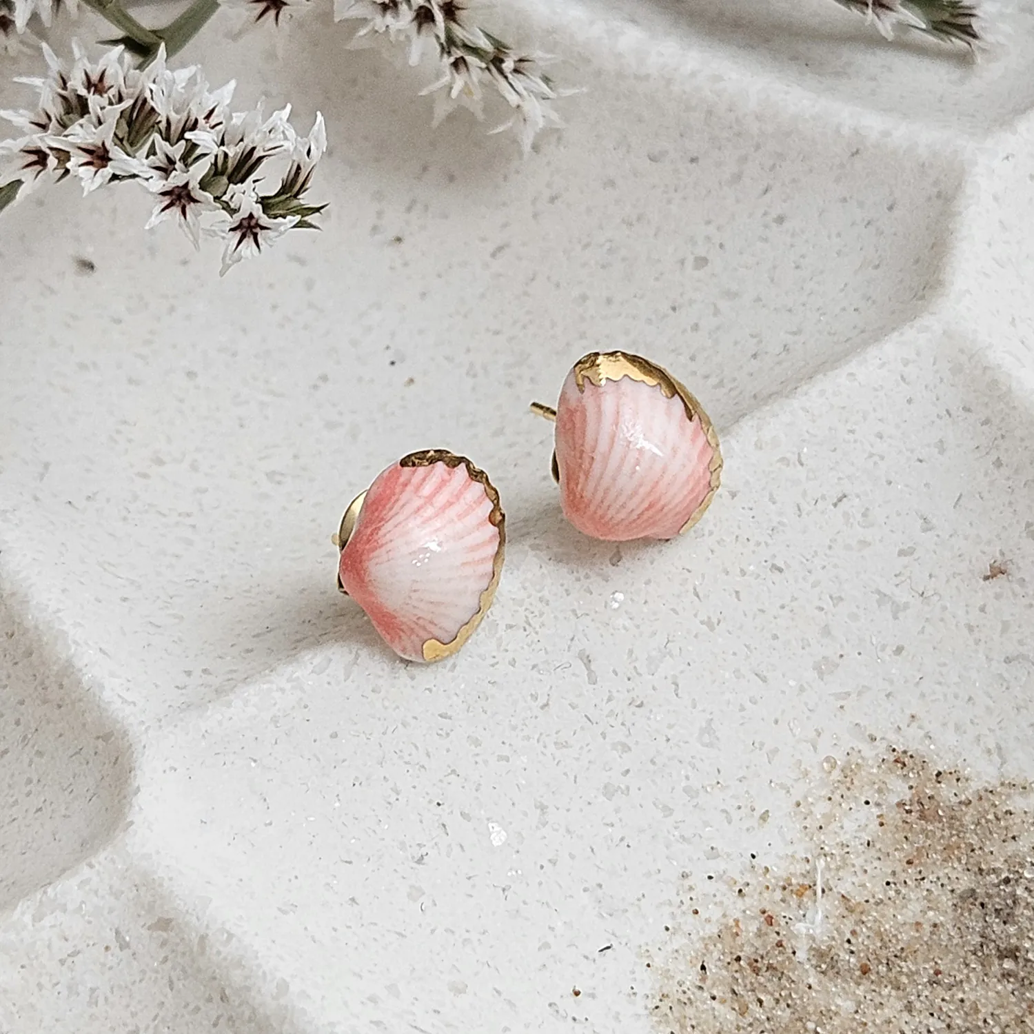 Rose pink fine ceramic porcelain hypoallergenic stud designer earrings for sensitive ears - authentic Mediterranean shell imprints with 22k gold plating - Image 2