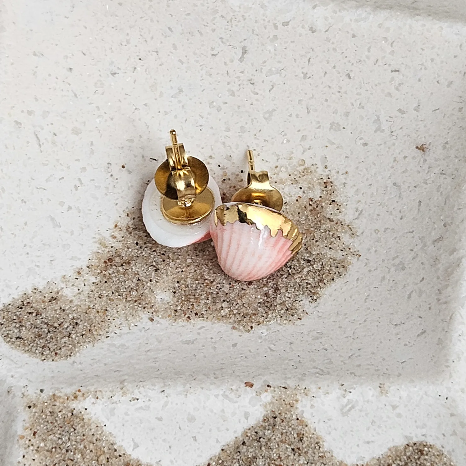 Rose pink fine ceramic porcelain hypoallergenic stud designer earrings for sensitive ears - authentic Mediterranean shell imprints with 22k gold plating - Image 3