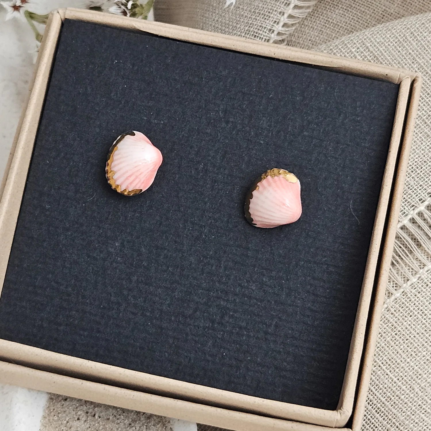 Rose pink fine ceramic porcelain hypoallergenic stud designer earrings for sensitive ears - authentic Mediterranean shell imprints with 22k gold plating - Image 4